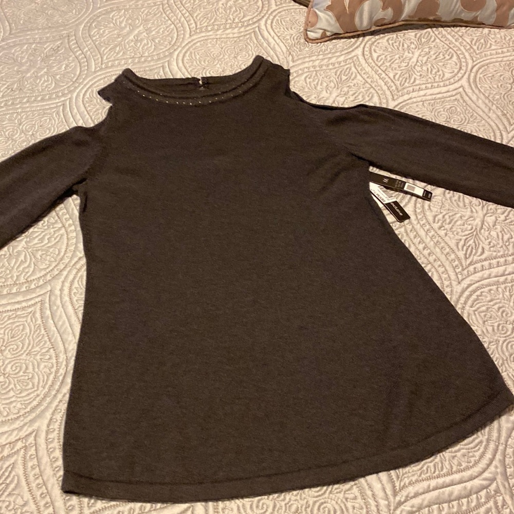 Open shoulder, long sleeve charcoal gray, tasteful small crystal neckline